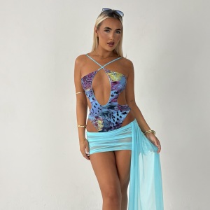 Blue Print Bodysuit & Mesh Drape Skirt